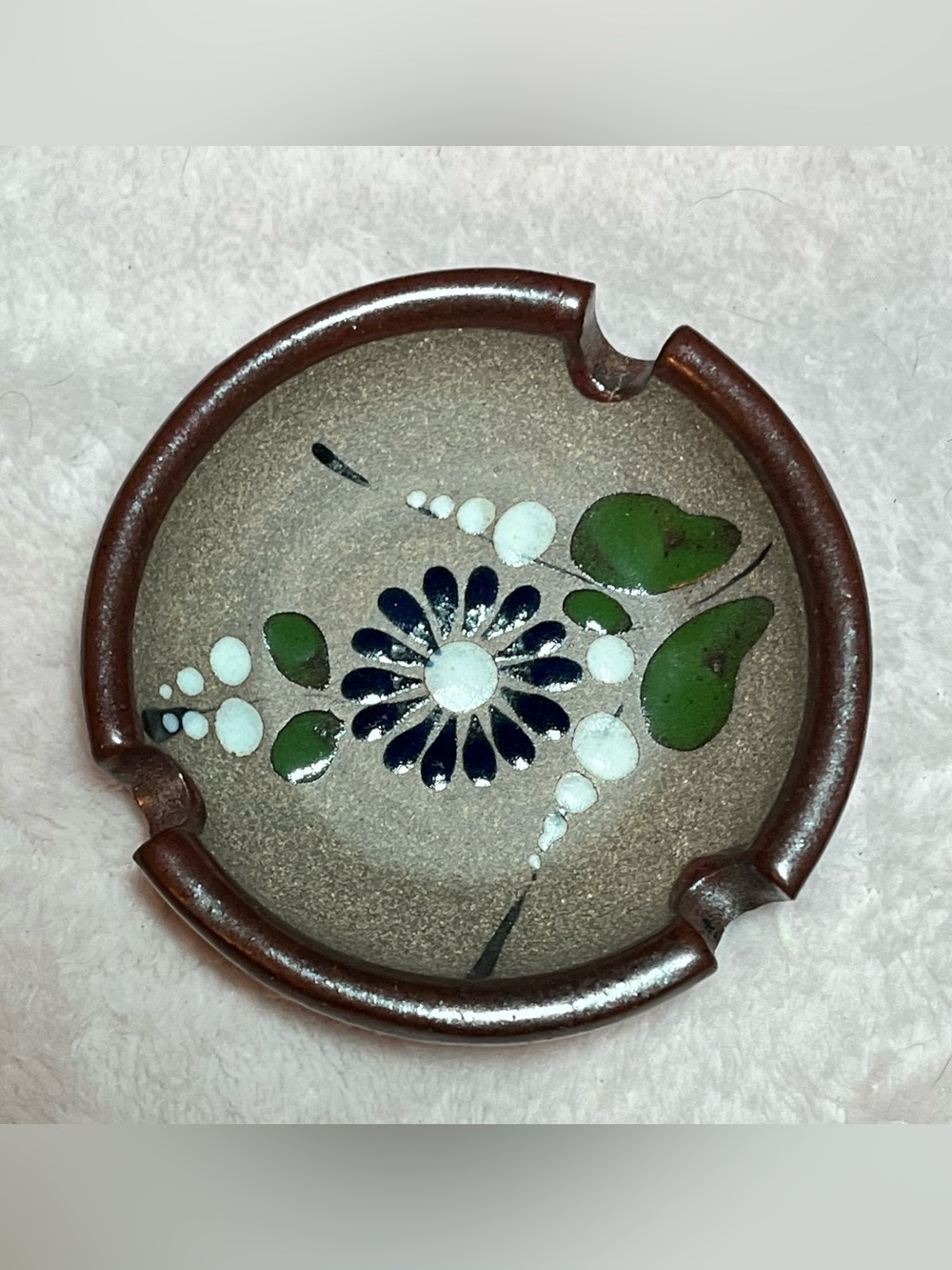Handpainted Ceramic Ashtray with Floral Motif in Green and Navy